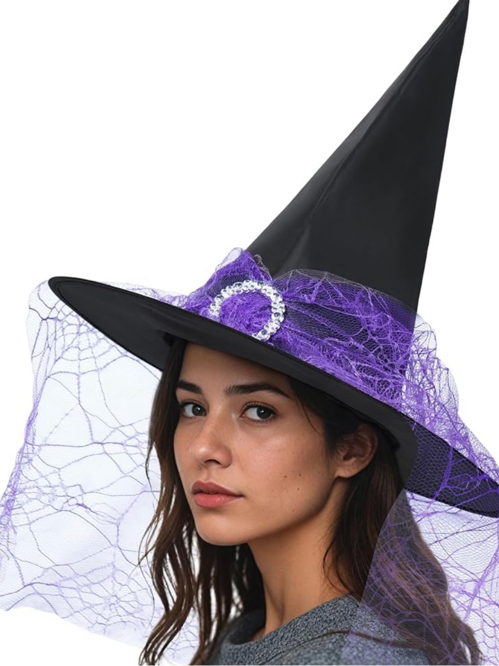 Black Witch Hat with Purple Cobweb Veil and Rhinestone Buckle NEW